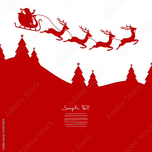 Vektor: Christmas Sleigh Flying Red Background Christmas Sleigh Flying Red Background