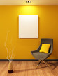 Modern armchair and blank on the wall in orange interior. Wooden Modern armchair and blank on the wall in orange interior. Wooden
