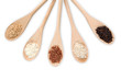 5 color brown jasmine rice on wooden spoon