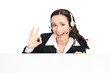 Support phone operator with signboard, isolated