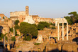 View east over the ruins of the Roman Forum at sunset