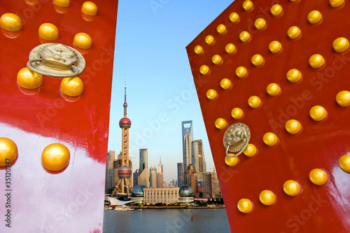 Photo: Chinese door and shanghai skyline Chinese door and shanghai skyline