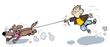 Funny cartoon Boy walking the Dog.
