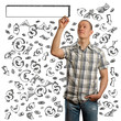 asian male with sketch signs of dollar and euro
