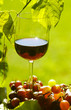 red wine glass on a wooden table with grapes leaves