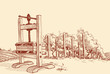 Vineyard and old wooden press Vineyard and old wooden press