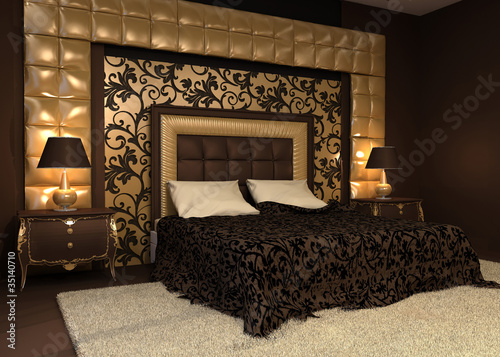 Illustration: Romantic interior. Double bed in golden luxurious interior. Hote Romantic interior. Double bed in golden luxurious interior. Hote