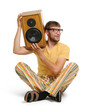 Cool young man with wooden speaker white background Cool young man with wooden speaker white background