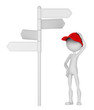 3d Man standing under signpost in a thoughtful pose.