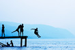 Photo en ligne au meilleur prix Silhouettes of kids who jump off dock on the lake