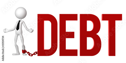 Illustration: Businessman with a foot chained to a DEBT sign. Businessman with a foot chained to a DEBT sign.
