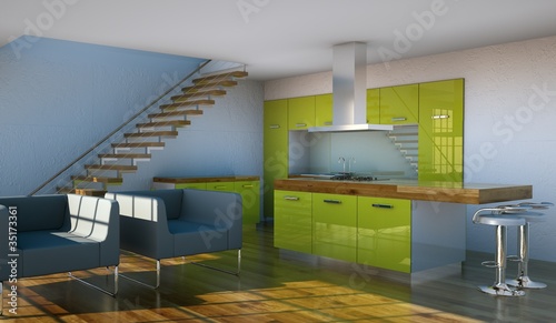 Illustration: Wohndesign - grüne Küche im Loft Wohndesign - grüne Küche im Loft