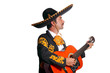 Charro mexican Mariachi playing guitar on white