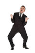 happy young businessman with raised arms, full length.