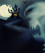 Halloween theme with haunted house and evil skeleton