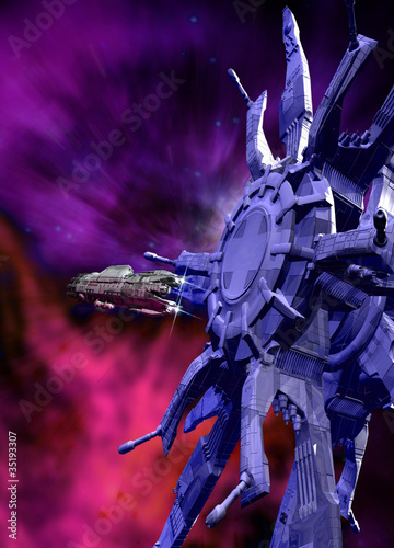 Illustration: Small and large spaceship in space Small and large spaceship in space