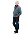 Happy middle aged guy standing on white background