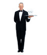 Waiter holding tray with champagne glasses on white