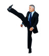 High kicking senior business man on white background