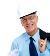 Portrait of smiling senior architect against white background