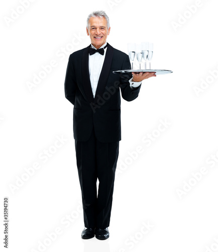 Photo : Waiter holding tray with champagne glasses on white Waiter holding tray with champagne glasses on white