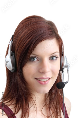 Photo: beautiful woman with headset (white background) beautiful woman with headset (white background)