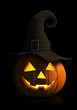 Illustration: Halloween - carved pumpkin with witch hat glowing in the dark Halloween - carved pumpkin with witch hat glowing in the dark