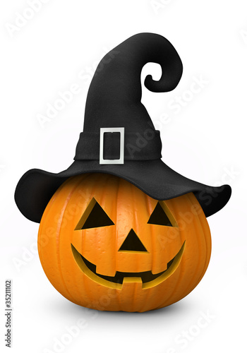 Illustration: Halloween - carved pumpkin with witch hat Halloween - carved pumpkin with witch hat