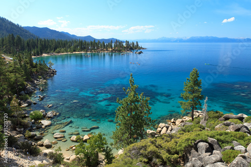 Photo: Lake Tahoe overview with kayakers on water Lake Tahoe overview with kayakers on water