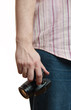 Man holding digital camera on white
