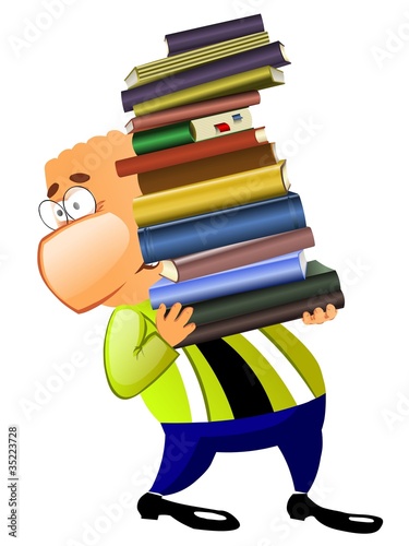 Illustration: Businessman holds a heavy pile of books in hands. Businessman holds a heavy pile of books in hands.