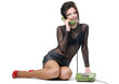 Beautiful young girl with telephone on withe