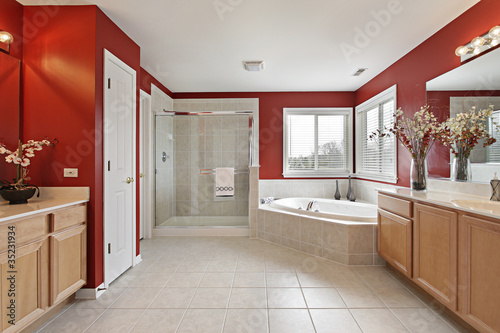 Photo: Master bath with red walls Master bath with red walls