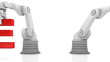 Industrial robotic arms building TEAM word