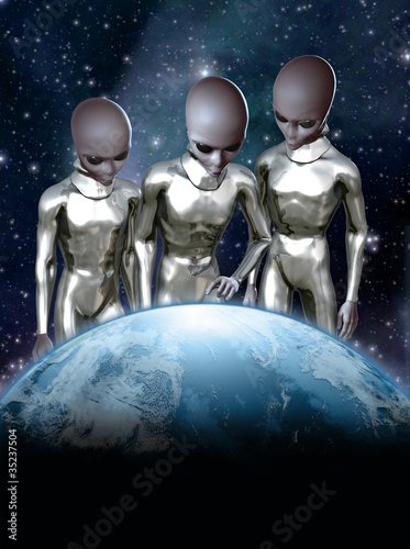Illustration: grey aliens and earth grey aliens and earth