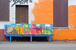 Colourfull graffiti bench and house, Antwerp Colourfull graffiti bench and house, Antwerp