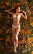 Attractive woman in underwear over autumn leaves