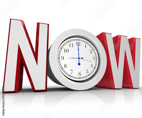 Illustration: Now Clock Measuring Time for Urgency or Emergency Now Clock Measuring Time for Urgency or Emergency