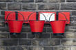 Three Old Red Fire Buckets at a Railway Station Three Old Red Fire Buckets at a Railway Station