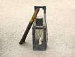 Antique lantern, railroad flags in the case.