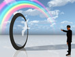 Man in black points toward rainbow in surreal landscape