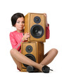 Young glamour woman with two speakers Young glamour woman with two speakers