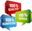 100% Qualität/Service/Kompetenz Sprechblasen blau/rot/grün