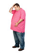 Worried fat man with pink shirt