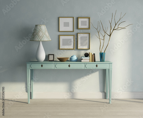 Illustration: Blue turqoise console table interior Blue turqoise console table interior