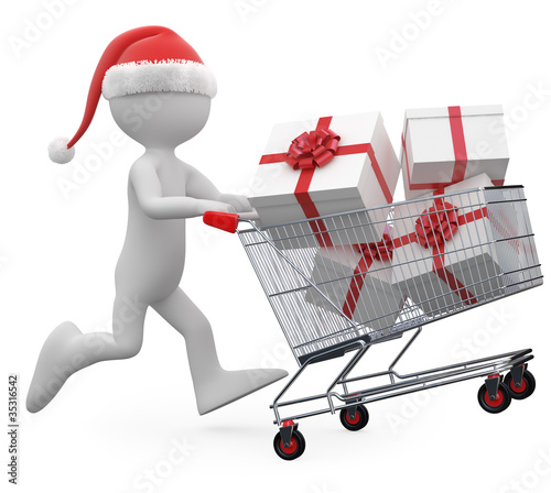Illustration: Man with Santa hat pushing a shopping cart full of gifts Man with Santa hat pushing a shopping cart full of gifts
