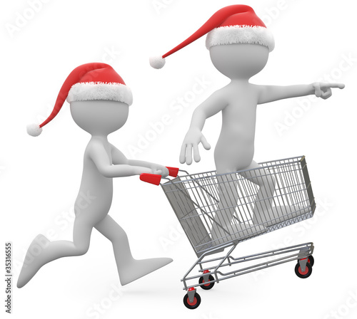 Illustration: Man with Santa hat pushing a shopping cart with a man inside Man with Santa hat pushing a shopping cart with a man inside
