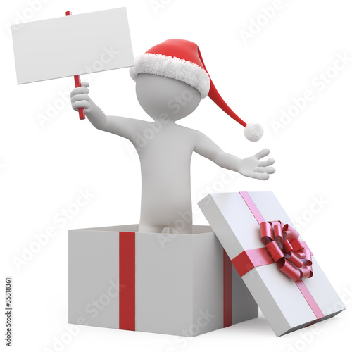 Illustration: Man with Santa hat and a blank card leaving a gift box Man with Santa hat and a blank card leaving a gift box
