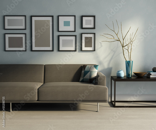 Illustration: Modern interior, biege sofa, frames and a table Modern interior, biege sofa, frames and a table
