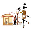 Cafe with a beautiful waitress and a musician Cafe with a beautiful waitress and a musician